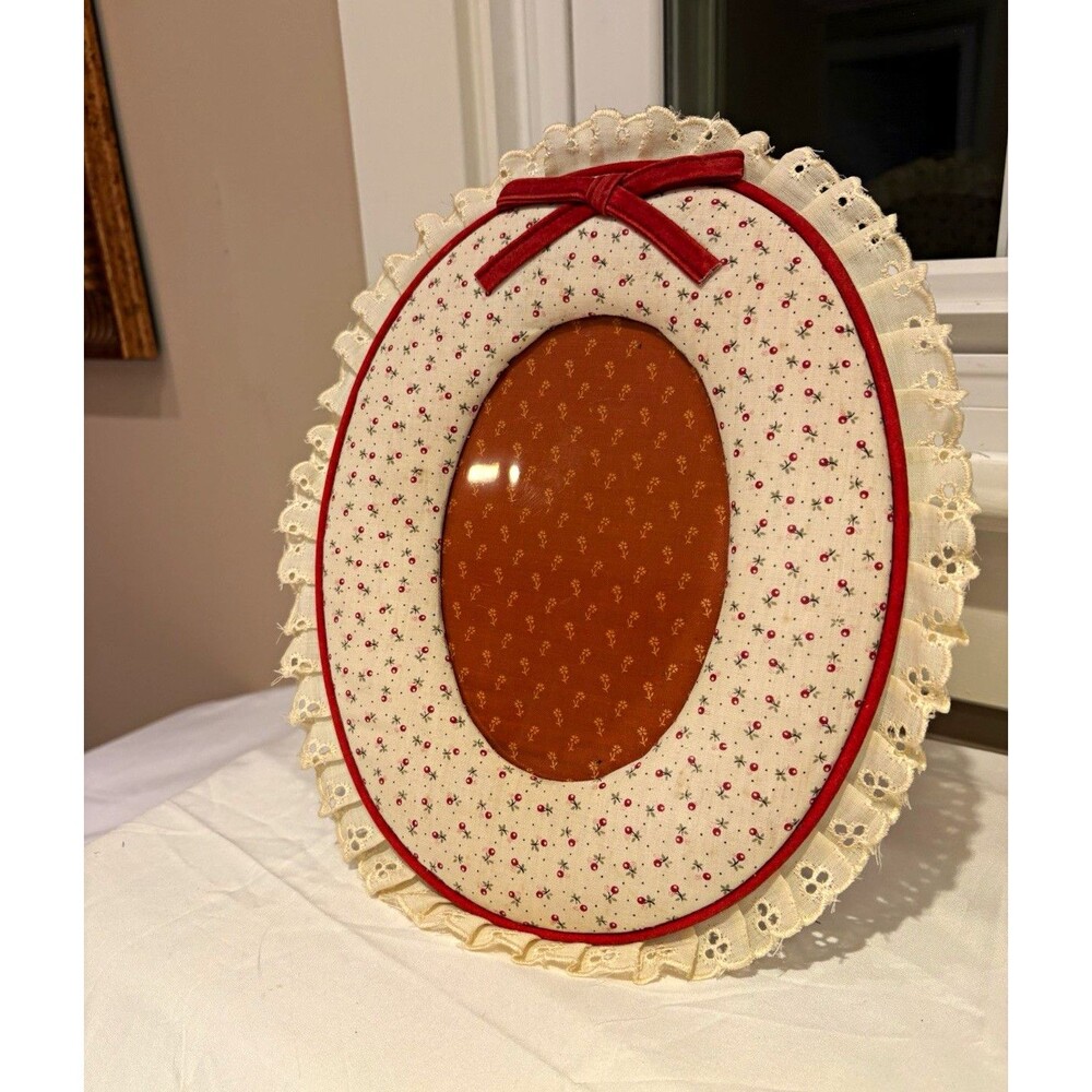 Cottagecore  Fabric Floral Photo Frame w/ Lace Trim Red Bow, Freestanding 5 by 7
